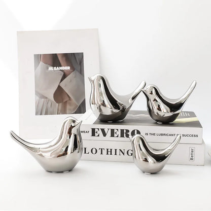 Modern Simple Luxury Silver Ceramic Bird Figurines Home Decoration Accessories Golden Bird Figures Decorative Wedding Ornaments