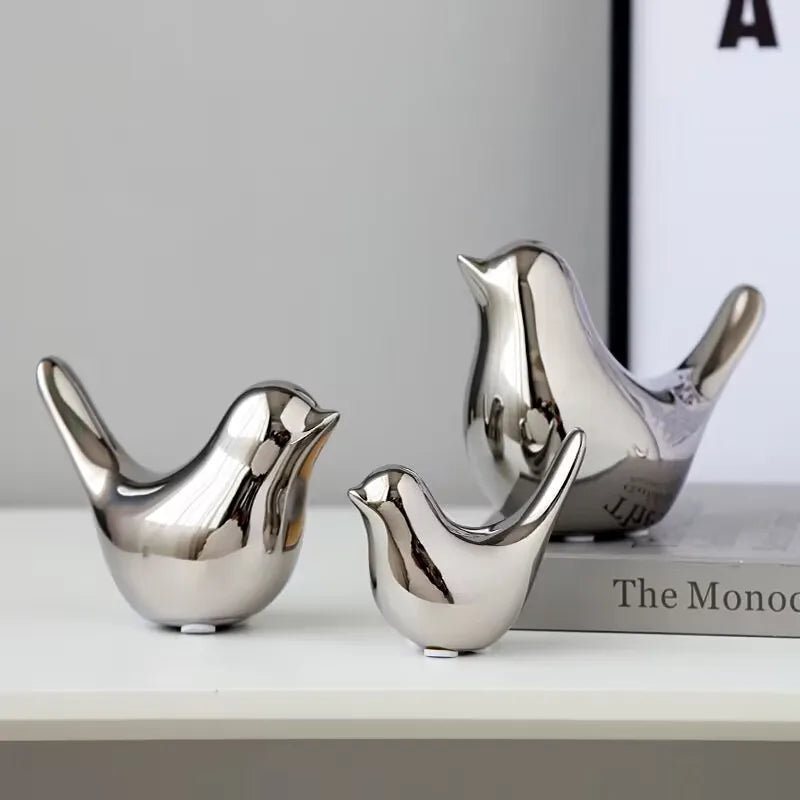 Modern Simple Luxury Silver Ceramic Bird Figurines Home Decoration Accessories Golden Bird Figures Decorative Wedding Ornaments