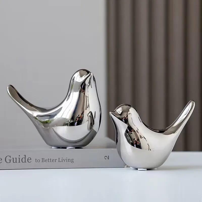 Modern Simple Luxury Silver Ceramic Bird Figurines Home Decoration Accessories Golden Bird Figures Decorative Wedding Ornaments