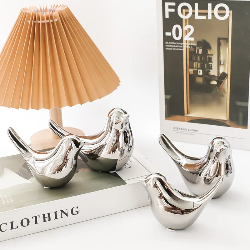 Modern Simple Luxury Silver Ceramic Bird Figurines Home Decoration Accessories Golden Bird Figures Decorative Wedding Ornaments