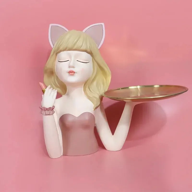 Modern resin cat  girl statuette entrance key storage living room desktop snack tray home decoration crafts housewarming gifts