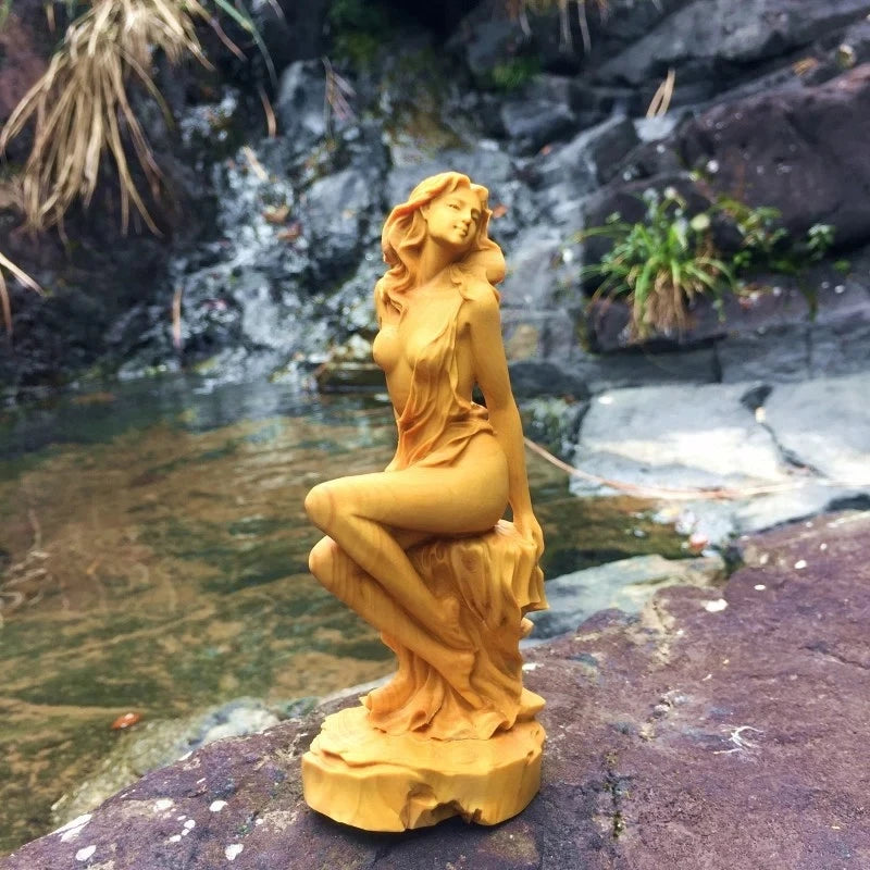 Modern solid wood goddess statue,Modern art sculpture，Hand-carved wooden figures，Home living room loft decoration Gift Figurines