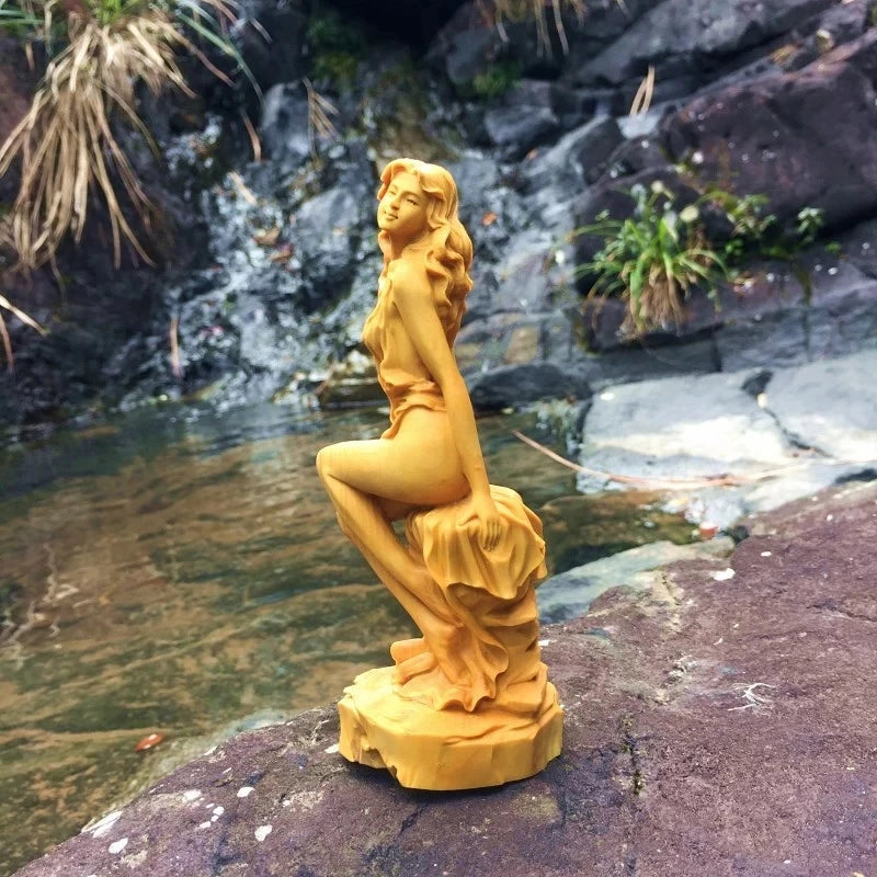 Modern solid wood goddess statue,Modern art sculpture，Hand-carved wooden figures，Home living room loft decoration Gift Figurines
