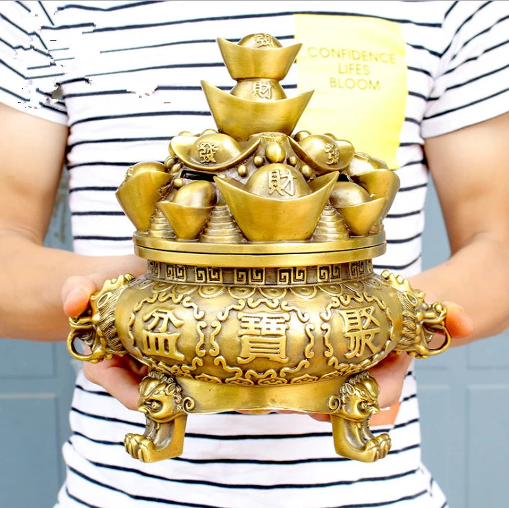 Money Drawing HOME OFFICE company efficacious  thriving business brass GOLD treasure bowl Cornucopia FENG SHUI statue