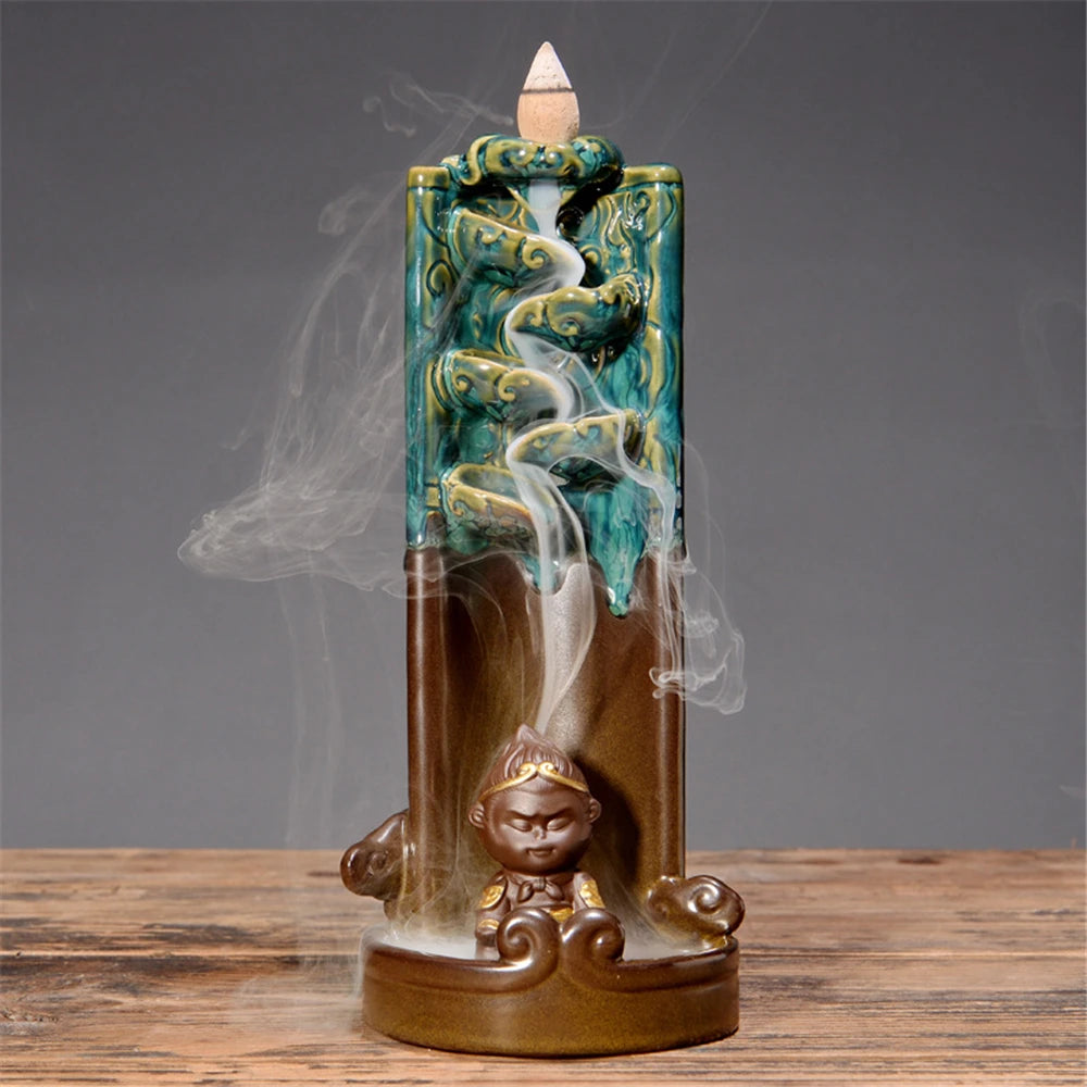Monkey King Backflow Waterfall Incense Burner Handmake Ceramic Purple Indoor Home Incense Ornaments Office Decoration