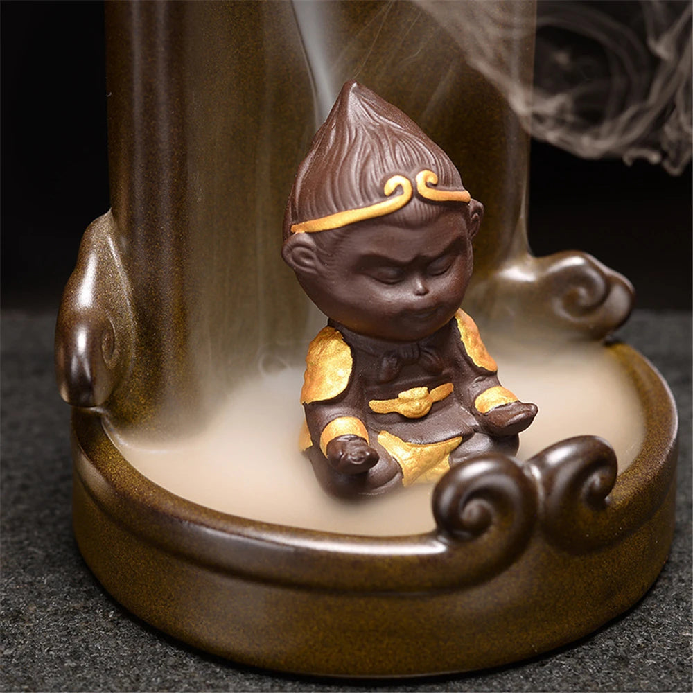 Monkey King Backflow Waterfall Incense Burner Handmake Ceramic Purple Indoor Home Incense Ornaments Office Decoration