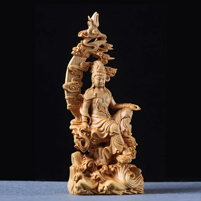 Moon Guanyin Wood Carving Goddess of Mercy Statue Boutique Peace Love Article Solid Wood Buddha Sculpture Art Collection