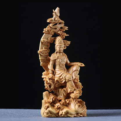Moon Guanyin Wood Carving Goddess of Mercy Statue Boutique Peace Love Article Solid Wood Buddha Sculpture Art Collection