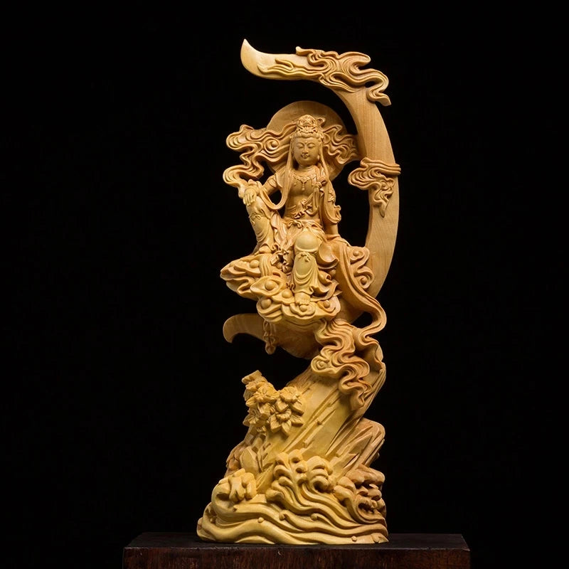 Moon Shaped Buddha Statue 15 / 20CM Wooden Buddha Figurines For Garden Feng Shui Wood Carving Decoration