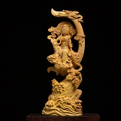 Moon Shaped Buddha Statue 15 / 20CM Wooden Buddha Figurines For Garden Feng Shui Wood Carving Decoration