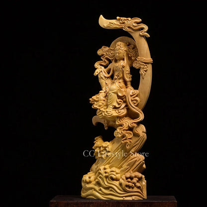 Moon Shaped Buddha Statue 15 / 20CM Wooden Buddha Figurines For Garden Feng Shui Wood Carving Decoration