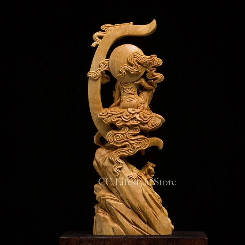 Moon Shaped Buddha Statue 15 / 20CM Wooden Buddha Figurines For Garden Feng Shui Wood Carving Decoration