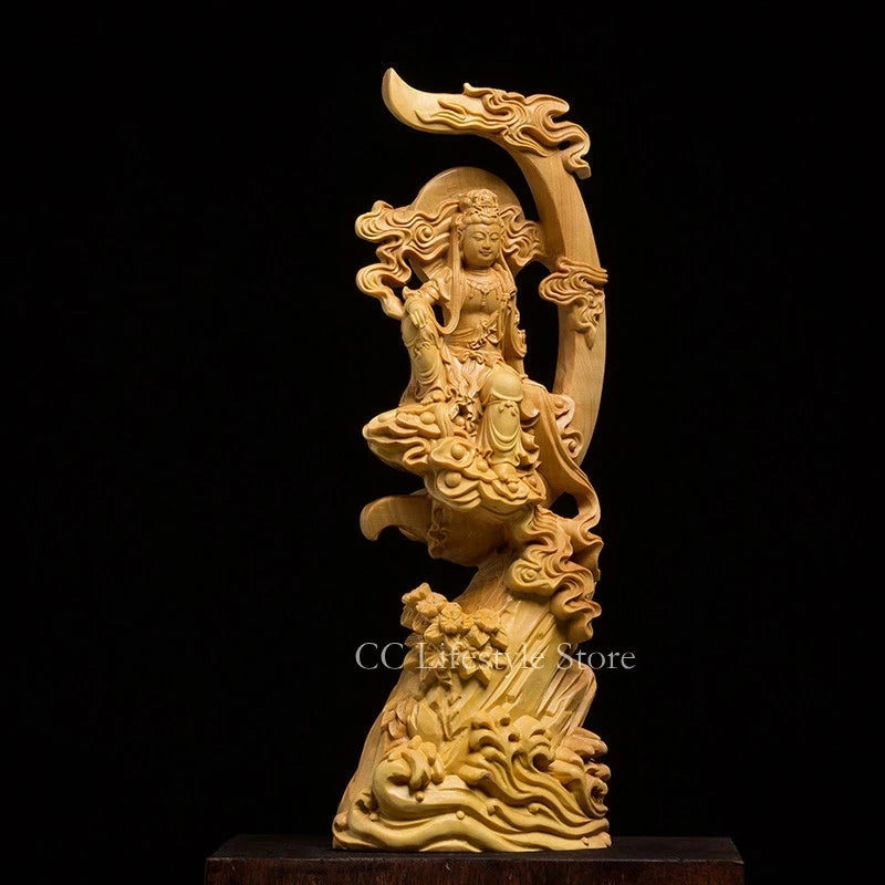 Moon Shaped Buddha Statue 15 / 20CM Wooden Buddha Figurines For Garden Feng Shui Wood Carving Decoration