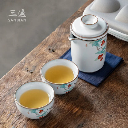 Moon White Ru Kiln Convenient Tea Cup Set One Pot Two Cups Two People Travel & Outdoor Portable Japanese Ceramic Kung Fu Tea S