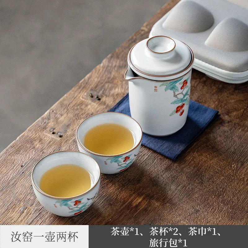 Moon White Ru Kiln Convenient Tea Cup Set One Pot Two Cups Two People Travel & Outdoor Portable Japanese Ceramic Kung Fu Tea S