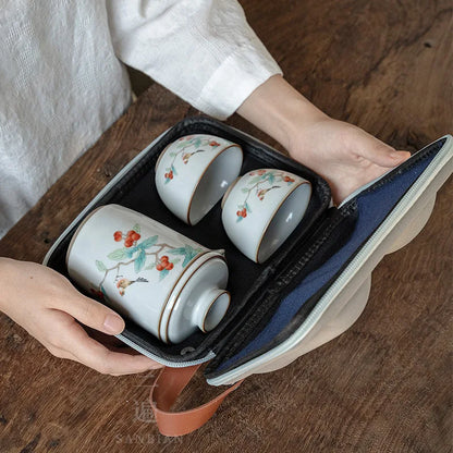 Moon White Ru Kiln Convenient Tea Cup Set One Pot Two Cups Two People Travel & Outdoor Portable Japanese Ceramic Kung Fu Tea S