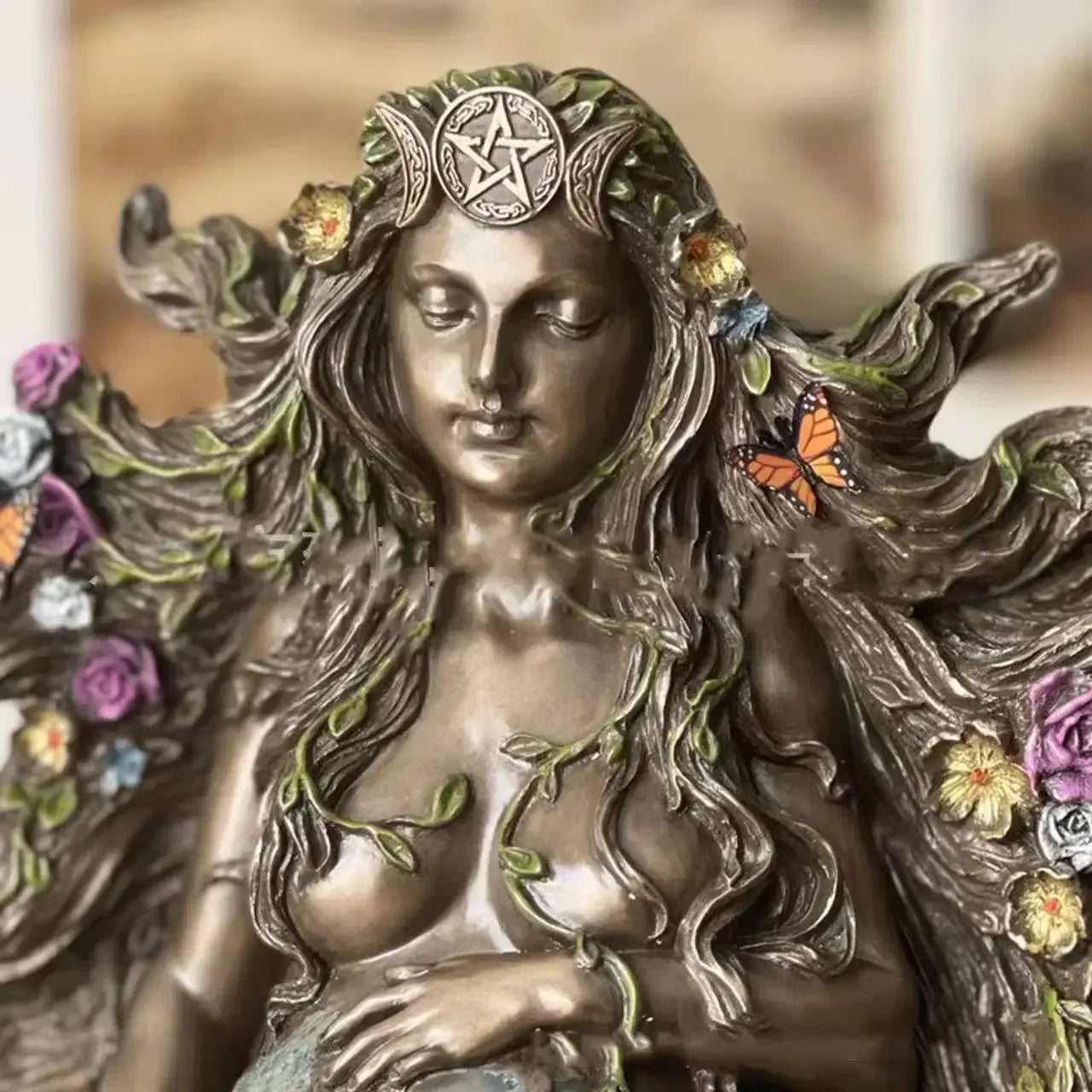 Mother Earth Statue Gaia Fairy with Butterfly Decorative Buddha Figurine Goddess Healing Chakra Meditation Mythic Home Decor
