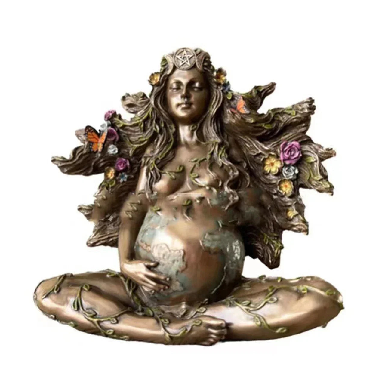 Mother Earth Statue Gaia Fairy with Butterfly Decorative Buddha Figurine Goddess Healing Chakra Meditation Mythic Home Decor