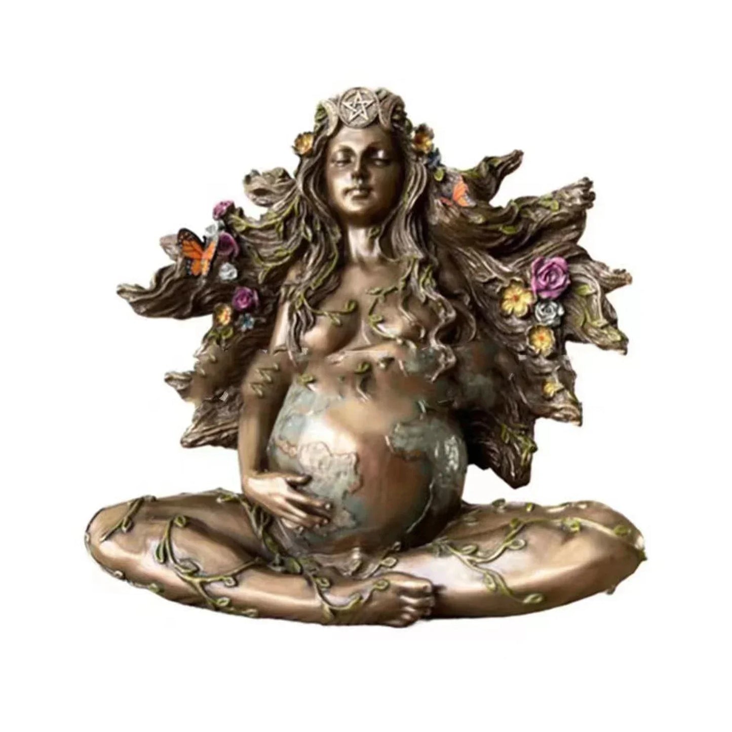 Mother Earth Statue Gaia Fairy with Butterfly Decorative Buddha Figurine Goddess Healing Chakra Meditation Mythic Home Decor