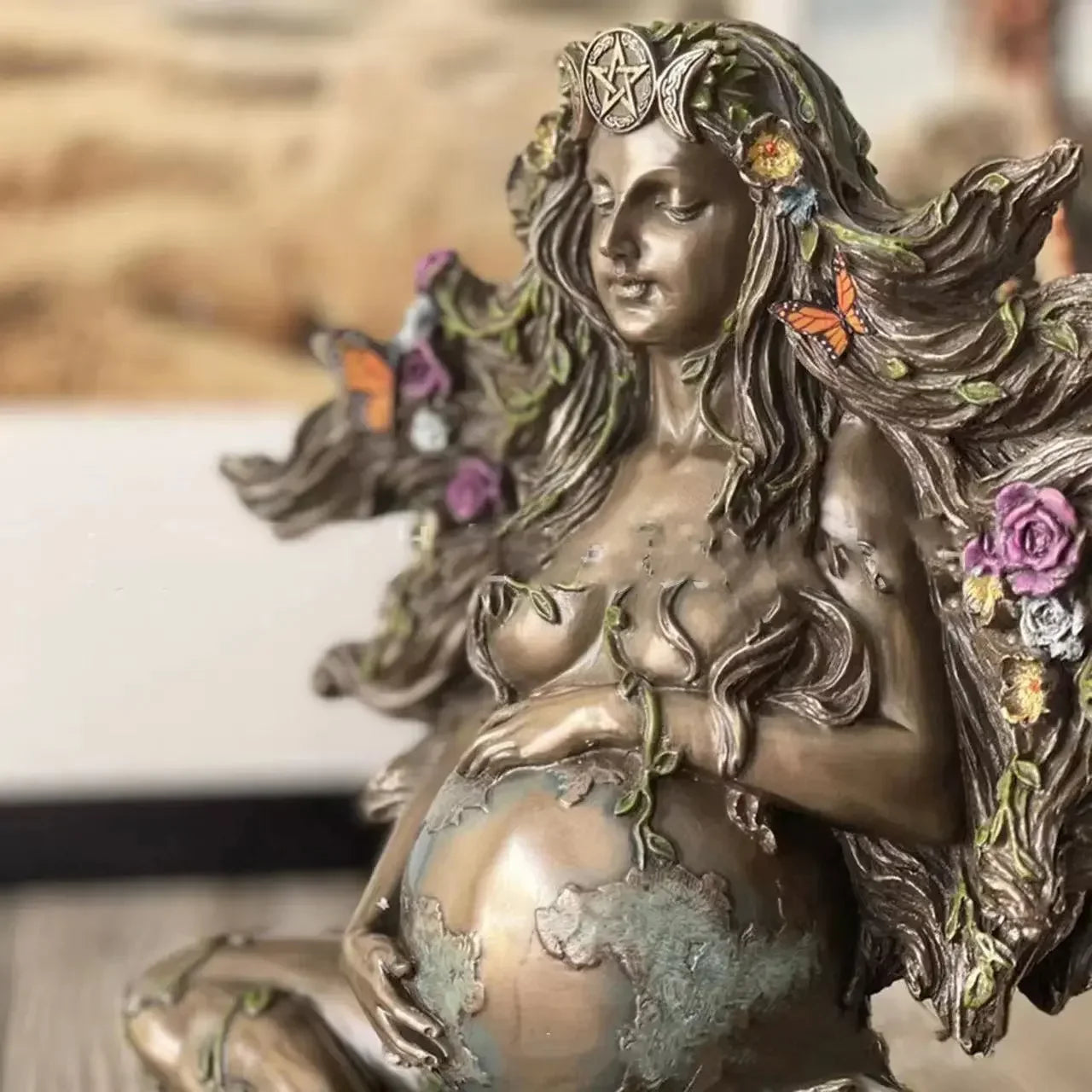 Mother Earth Statue Gaia Fairy with Butterfly Decorative Buddha Figurine Goddess Healing Chakra Meditation Mythic Home Decor