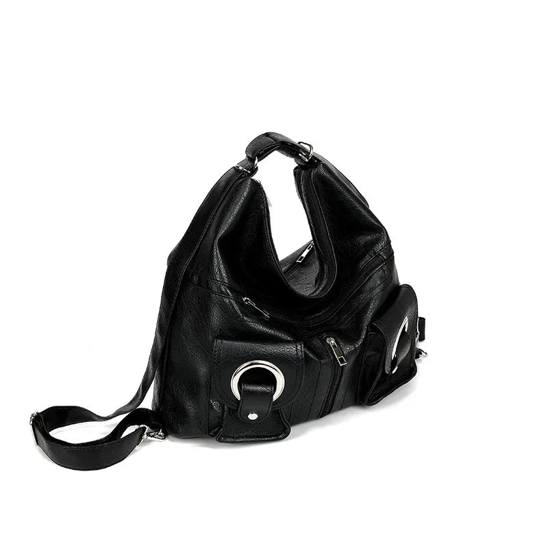 Motorcycle Style Hot Girl Soft Leather Backpack Women's Bag Tote Bag Large Capacity Zipper Pocket Shoulder Crossbody Bag
