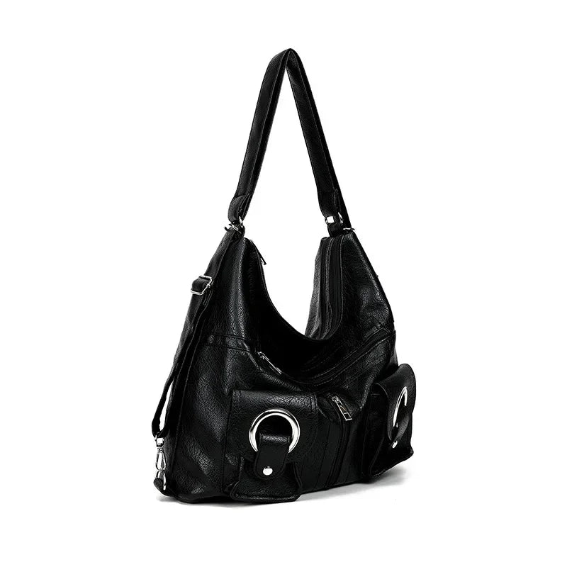 Motorcycle Style Hot Girl Soft Leather Backpack Women's Bag Tote Bag Large Capacity Zipper Pocket Shoulder Crossbody Bag