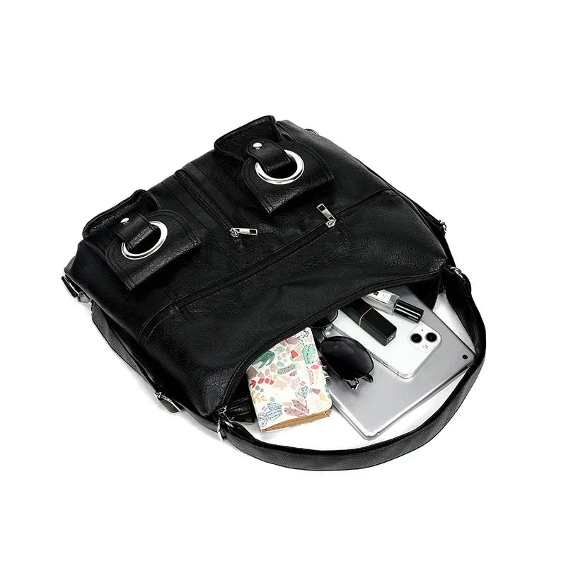 Motorcycle Style Hot Girl Soft Leather Backpack Women's Bag Tote Bag Large Capacity Zipper Pocket Shoulder Crossbody Bag
