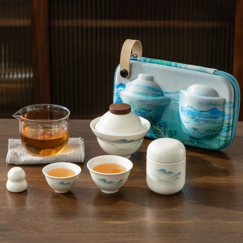 Mountain Chinese Travel White Gaiwan Tea Set Ceramic Teaware Tea Set Kung Fu Tea Porcelain Tureen Cup Creative Bowl Tea Ceremony