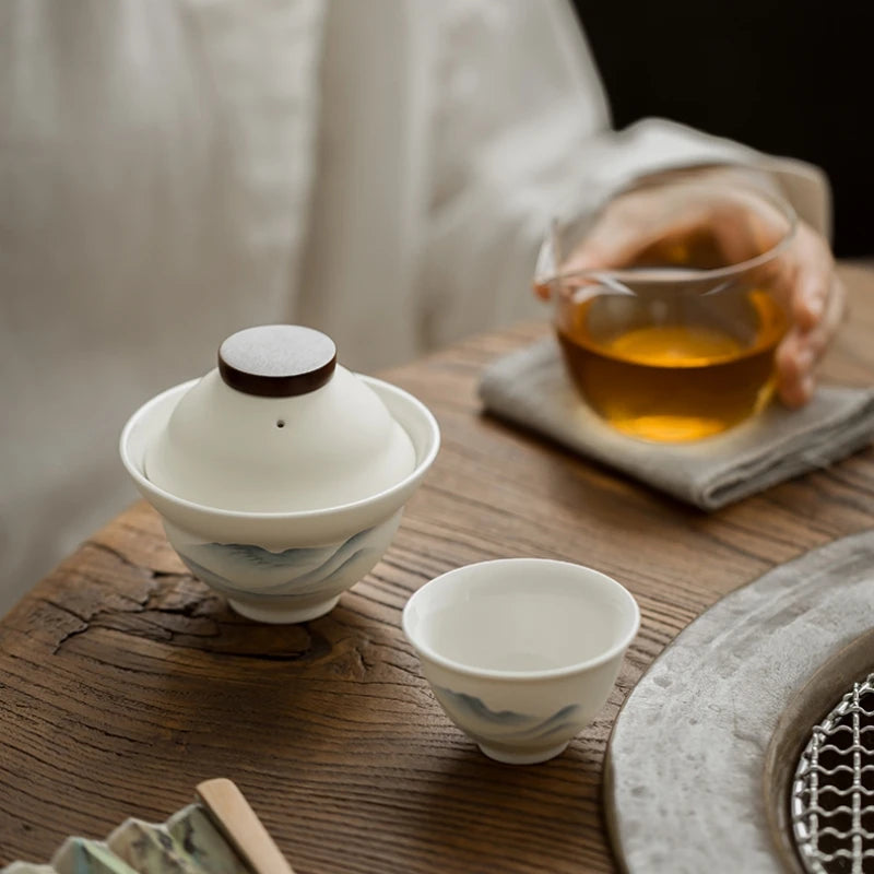 Mountain Chinese Travel White Gaiwan Tea Set Ceramic Teaware Tea Set Kung Fu Tea Porcelain Tureen Cup Creative Bowl Tea Ceremony