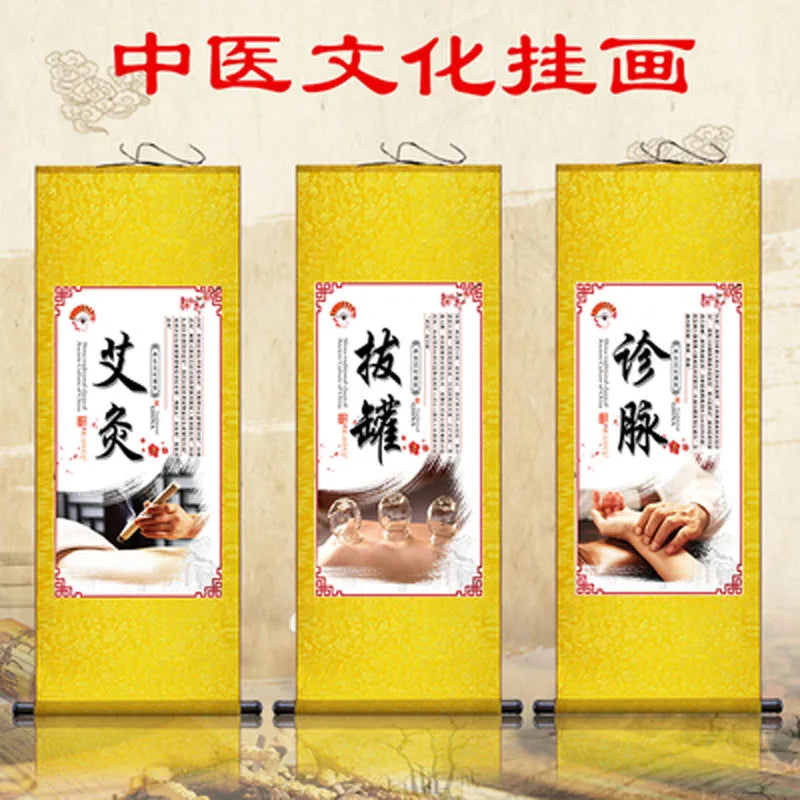Moxibustion Cupping Foot Massage Traditional Chinese Medicine Health Preservation Art Wall Scroll Wall Hanging Painting Scroll