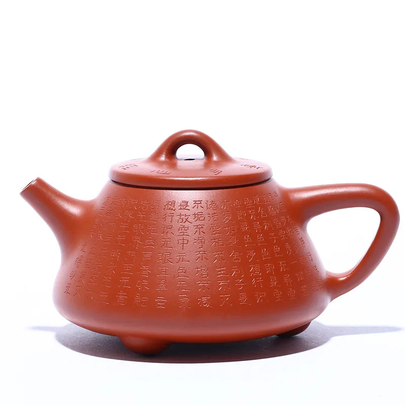Mud Carved and Painted Heart Scripture Stone Ladle Teapot, Zisha Teapot, Handmade Pot, Kung-fu, Original Ore Vermilion Mud