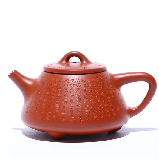Mud Carved and Painted Heart Scripture Stone Ladle Teapot, Zisha Teapot, Handmade Pot, Kung-fu, Original Ore Vermilion Mud