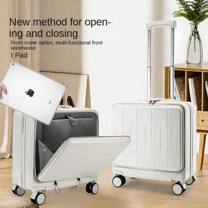 Multi functional front opening boarding case, small universal wheel travel  men's women's 18 inch suitcase, password leather box