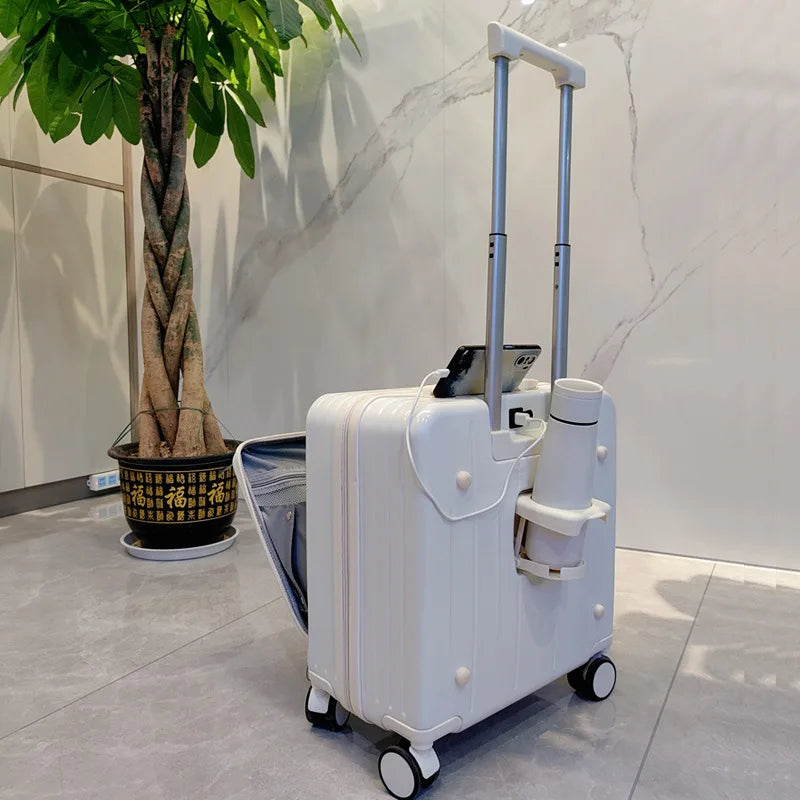Multi functional front opening boarding case, small universal wheel travel  men's women's 18 inch suitcase, password leather box