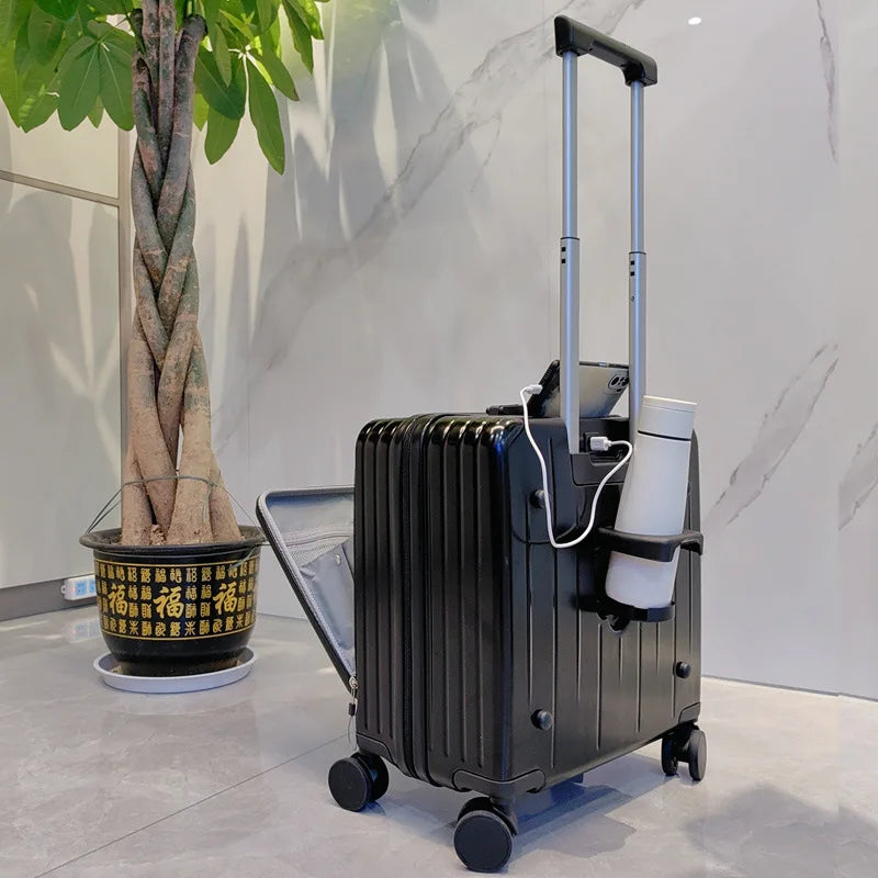 Multi functional front opening boarding case, small universal wheel travel  men's women's 18 inch suitcase, password leather box