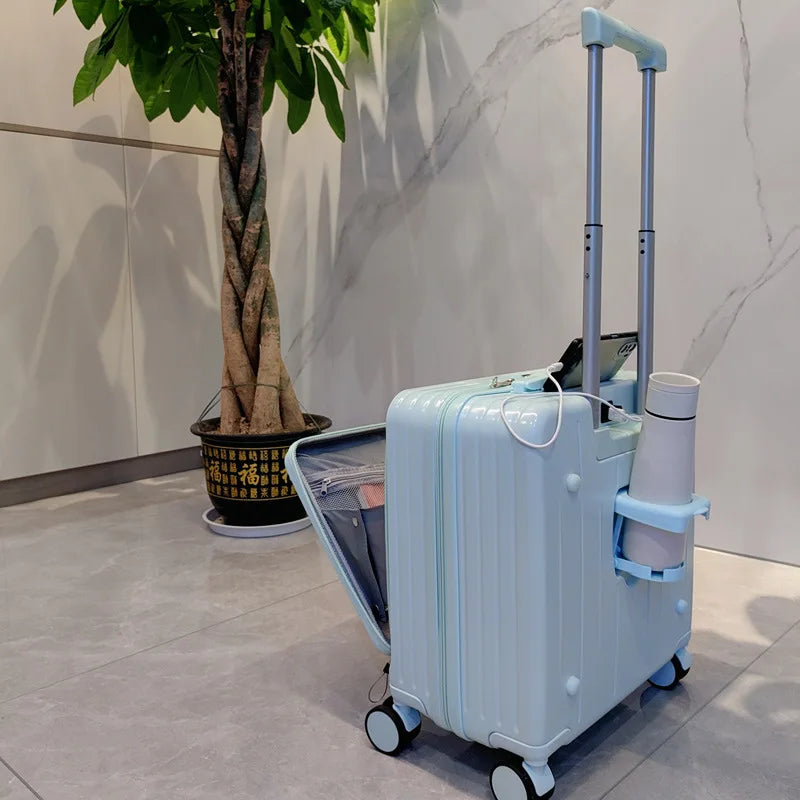 Multi functional front opening boarding case, small universal wheel travel  men's women's 18 inch suitcase, password leather box