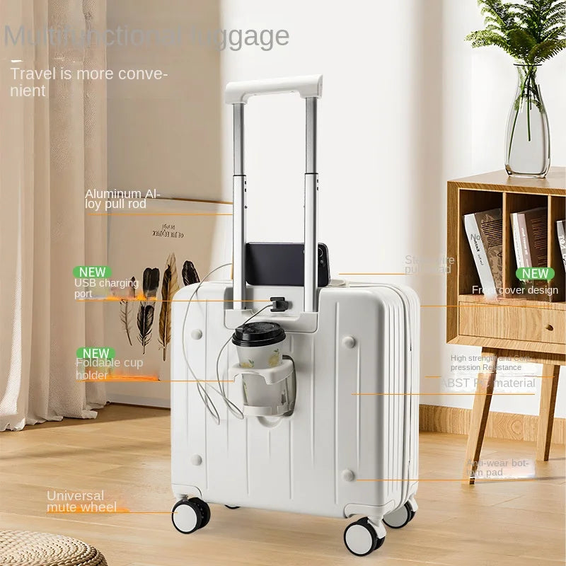 Multi functional front opening boarding case, small universal wheel travel  men's women's 18 inch suitcase, password leather box