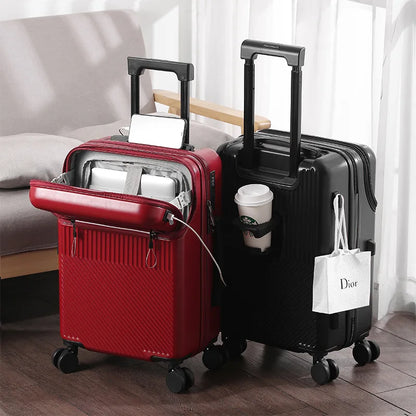 Multi functional front opening luggage, large capacity women's suitcase, cup holder trolley suitcase,20 inch luggage compartment