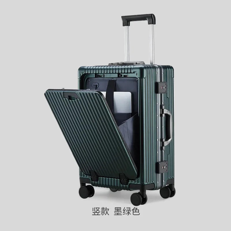 Multi functional front opening mount case, PC aluminum frame, password trolley case,20 inch universal wheel charging travel case