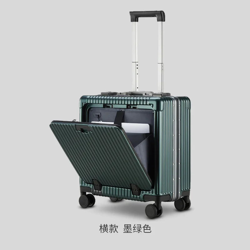 Multi functional front opening mount case, PC aluminum frame, password trolley case,20 inch universal wheel charging travel case