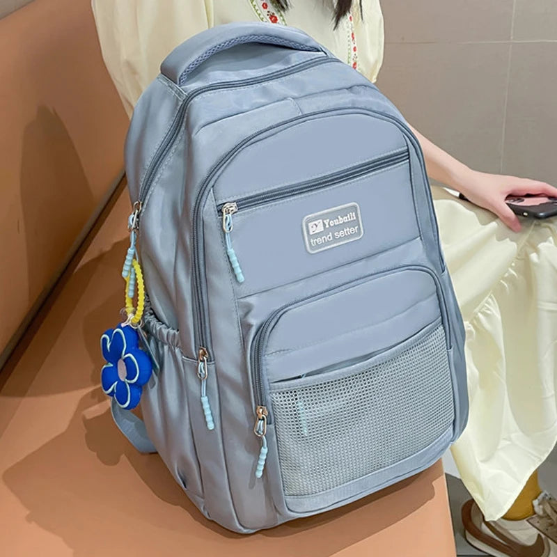 Multi-pocket Big Woman Backpack Solid Color Boys Girls Campus Style Schoolbag For TeenageNylon Waterproof Travel Bag