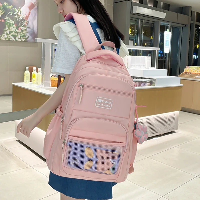 Multi-pocket Big Woman Backpack Solid Color Boys Girls Campus Style Schoolbag For TeenageNylon Waterproof Travel Bag