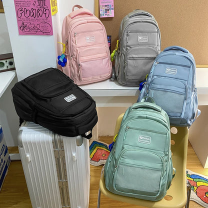 Multi-pocket Big Woman Backpack Solid Color Boys Girls Campus Style Schoolbag For TeenageNylon Waterproof Travel Bag