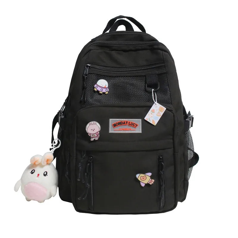 Multi-pocket Solid Color Nylon Women Backpack College Style Large Capacity Travel Rucksack School Bags for Teenage Girl Boys