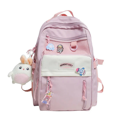 Multi-pocket Solid Color Nylon Women Backpack College Style Large Capacity Travel Rucksack School Bags for Teenage Girl Boys
