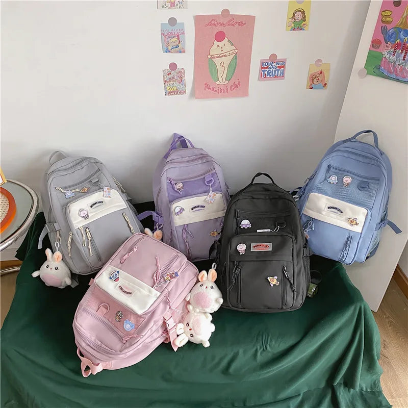Multi-pocket Solid Color Nylon Women Backpack College Style Large Capacity Travel Rucksack School Bags for Teenage Girl Boys