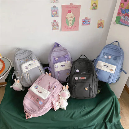 Multi-pocket Solid Color Nylon Women Backpack College Style Large Capacity Travel Rucksack School Bags for Teenage Girl Boys