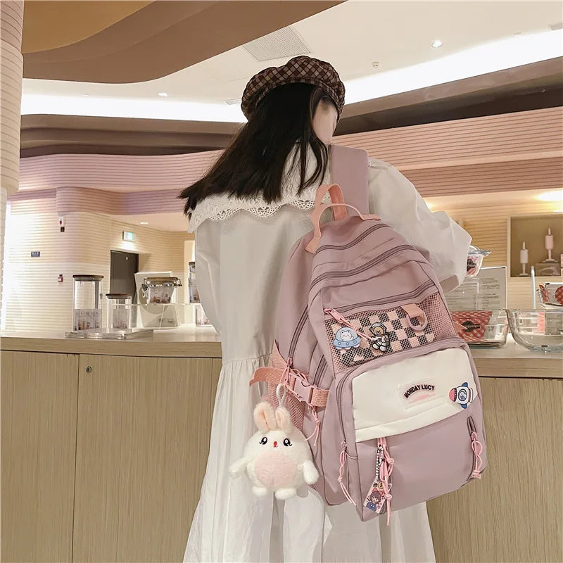 Multi-pocket Solid Color Nylon Women Backpack College Style Large Capacity Travel Rucksack School Bags for Teenage Girl Boys
