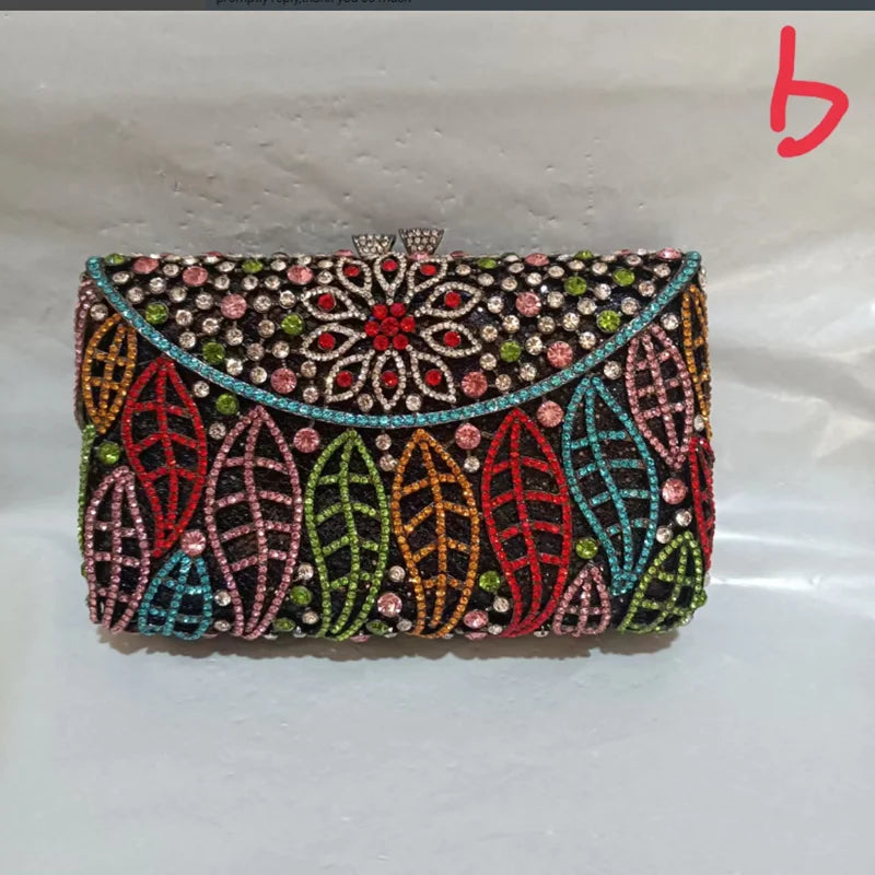 Multicolored Leaves Woman Diamond Evening Purse Hollow Out Crystal Wedding Bridal Clutch Bag Party Dinner Elegant Metal Handbag
