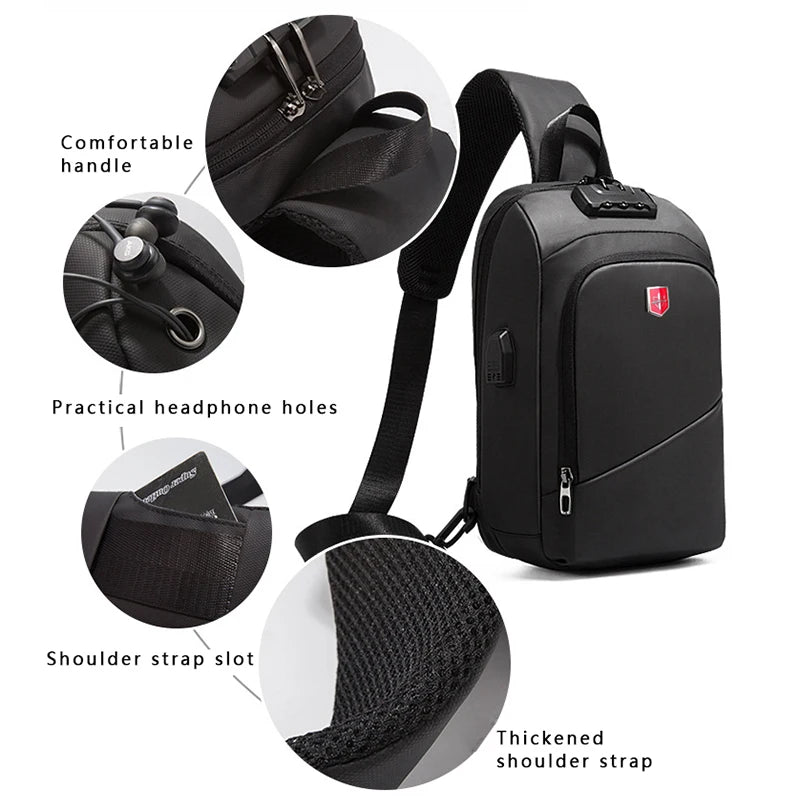 Multifunction Anti-theft Men Shoulder Bags Black USB Charging Crossbody Bags Waterproof Casual Travel Messenger Chest Bag Male
